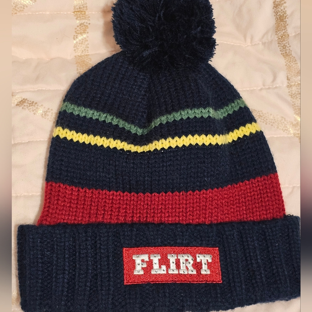 Y2k 2000s Striped Beanie with Rhinstoned/Bejeweled FLIRT Patch